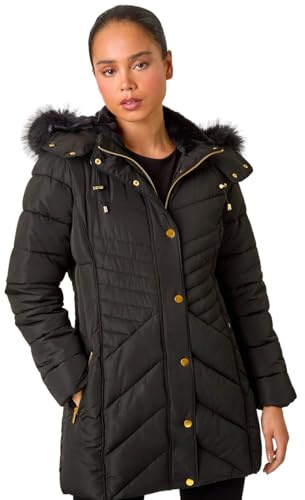 Roman Quilted Padded Coat for Women UK - Ladies Parka Winter Jacket Faux Fur Trim Hooded Short Autumn Waterproof Water Resistant Everyday Holiday Comfy Work - Petite Noir - Size 16
