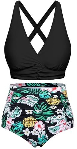Voqeen Women's High Waisted 2 Piece Swimsuit Bikini Sets Padded Push Up Tummy Control Bathing Suits Vintage Halter Swimming Costume Beachwear Ladies Swimwear