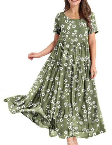 YESNO Women Dresses Casual Plus Size Bohemian Short Sleeve Floral Long Maxi Summer Beach Swing Dress/Pockets M EJFUK CR441