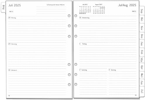 2025 2026 Wochenplaner Einlage A5 6 Löcher, Deutsch, 1 Woche 2 Seiten mit Tabs, Extra Notizen Kontakt, von Aug.25 bis Jul.26, Dicker Papier, 100 gsm, Nachfüllpapier für Kalender 2025 2026 Planer