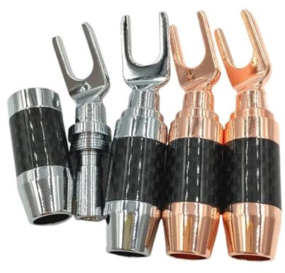 Lot de 10 fiches Bananes mâles en Laiton plaqué Argent/Or Rose, Type Y/U, Corps en Fibre de Carbone, connecteur de Fourche Audio(Rose Gold)