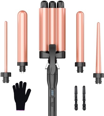 Lockenstab Set 3 Fässer Welleneisen Mehrere Temperatureinstellungen - BESTOPE PRO Lockenstäbe mit LED-Anzeige 5 in 1 für großer Wellen Schnellaufheizung mit einem Handschuh, 2 Clips