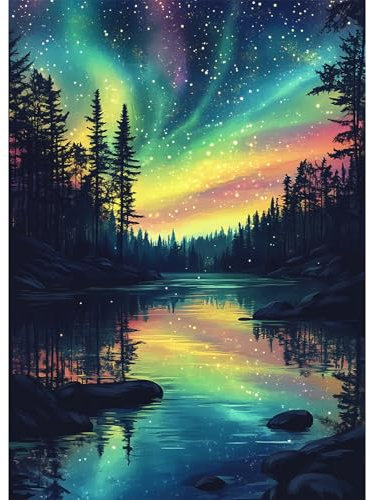 Bowetile Diamond Painting Fantasie Aurora, Landschafts Diamond Art Malerei-Sets für Erwachsene, Komplette Strassbilder See-Bilder mit Strasssteinen für Anfänger, Wanddekoration für Zuhause 30x40 cm