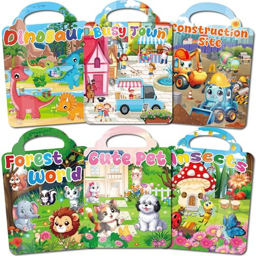 OSIMIG 6 Pack Wiederverwendbare Stickerbücher, 250+ 3D Puffy Sticker Kinder, Stickerbuch ab 2 3 4 Jahre, Neue Themen von Nettes Haustier, geschäftige Stadt, Baustelle, Kinder Geschenk Spielzeug