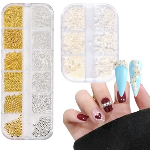 WhaleO 2 Schachteln Nail Charms Nagelschmuck Charms Nägel Nagel Steine 0.8-3.0mm Goldene Silber Mini Nail Art Charms Nailart Perlen Für Nägel, Overlays Nägel Perlen zum Aufkleben Nagel Deko