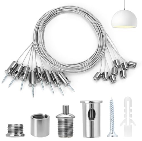 QWORK® 8 Stück Seilaufhängung Einbauset,1.5mmx1.5m, Edelstahl Decke Ohrstecker Drahtseil, Deckenbefestiger Befestigungs, für LED Panel Deckenleuchte