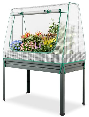 GOPLUS Hochbeet mit Abdeckung, 3-in-1 Gartenbeet mit Gewächshaus und Spalier, Pflanzbeet mit Abflusslöcher, Pflanzbeet Kräuterbeet Metall für Gemüse, Blumen, Kräuter, 115 x 60 x 150 cm