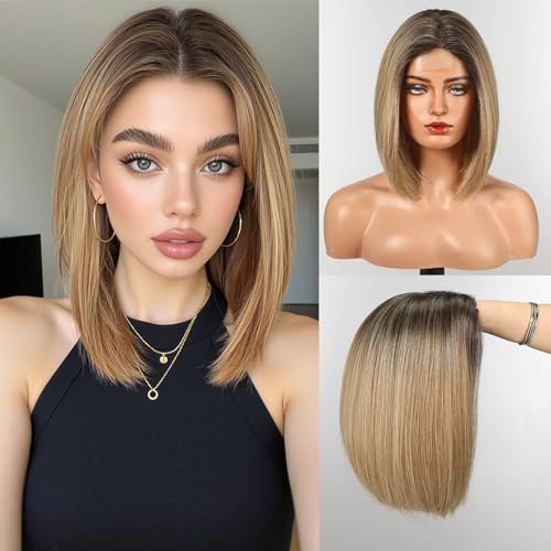 WOKESTAR Bob Perücken für Frauen, Mittelscheitel, natürliche blonde Farbe