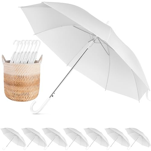 Paquete de 8 paraguas blancos de boda con amplia cobertura, protección ligera contra el viento y la lluvia, paraguas blanco grande, marco de fibra de vidrio fuerte con mango de gancho en J para boda