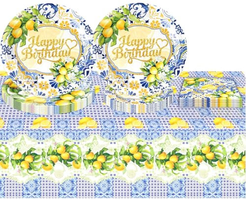 JUNBAOYYDS Juego de vajilla de fiesta para Limón, cumpleaños, juegos de accesorios para fiestas, cumpleaños infantiles, vajilla de cartón, vasos de papel (Gelb-2)