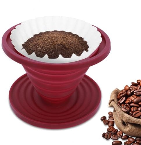 Larrel Faltbarer Kaffee Tropfer, Wiederverwendbar Kaffeefilterhalter Silikon Kaffee Tropfer Tragbarer Rot Kegelfilterhalter Coffee Dripper Outdoor Coffee Filter für Camping, Café, Reisen