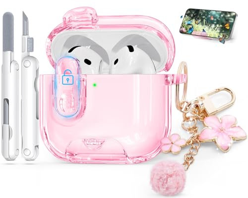 TNSNK Stoßsichere Hülle für Airpods 4. Gen/ 4. Gen Aktiver Geräuschunterdrückung mit Handy-Ständer & Reinigungsstift & Tragekette, Anti-Yellowing Clear Case Kompatibel mit Apple AirPods 4 Hülle