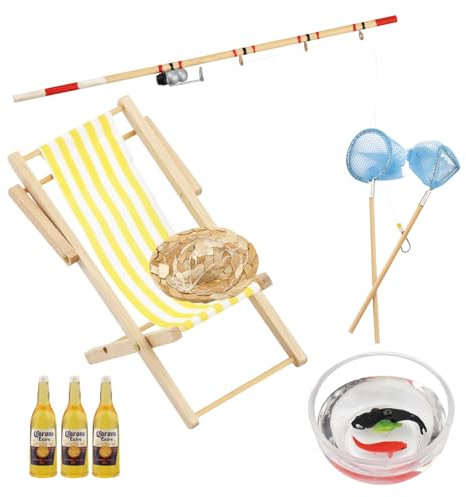 Strand deko Miniatur, Mini liegestuhl, Fischernetz, Angler Zubehör, 1/12 Puppenhaus Sommer Dekoration Fische Angeln für DIY Dekoration,9 Stück Miniatur Wichtel Zubehör