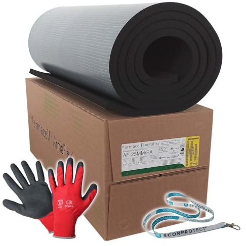 Armacell Armaflex original AF Kautschuk Platten selbstklebend + rote Handschuhe + Scorprotect® Schlüsselband (Schwarz, Isolierstärke 25 mm, 1000 x 4000 mm)