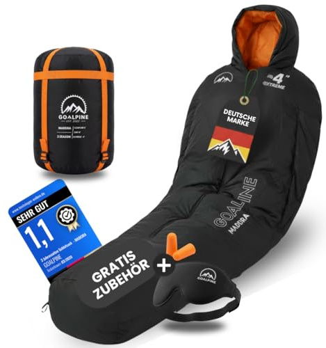 GOALPINE® Madeira Schlafsack für große Personen | 3 Jahreszeiten | mit Armöffnung | 400 GSM 0-10 Grad Komfort | wasserabweisend | kleines Packmaß | Atmungsaktiv | Mumienschlafsack | Trekking