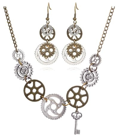 LQTSLFM Steampunk Schmuck Set, Steampunk Halskette und Ohrringe, Vintage Steampunks Accessoires Damen, Gold und Silber Steampunks Zahnrad Anhänger für Karneval, Halloween, Retro-Partys