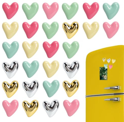 28 Stück Herz Magnete Deko Kühlschrankmagneten Set, Magnettafel Deko Magnete in Herzform Weiß Grün Blau Rosa Gold Silber Kleine dekorative Magneten für Whiteboard Büro Kühlschrank & Tafel