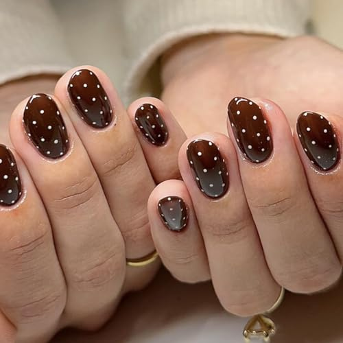 Aribliseza Press On Nails, 24 pièces faux ongles à pois, court ovale, couverture totale marron, ongles acryliques brillants, manucure d'automne pour femmes et filles, jeu de faux ongles à presser