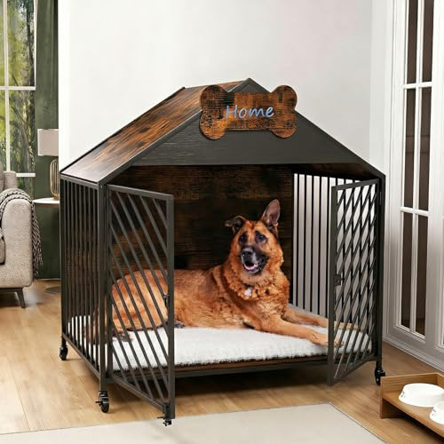 Dog Crate Furniture, 100cm Wooden Dog Crate with Wheels & Cushion for Large Dogs, 220 Lbs Capacity Heavy Duty Indoor Dog Kennel, Gable Roof Design Cage, Chew-Proof Double Lockers Pet House