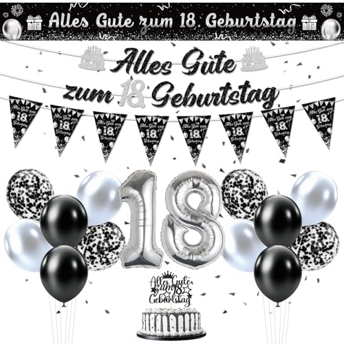 Afritee Deko 18. Geburtstag Junge Mädchen, 19 Stück Schwarz Silber Girlande Banner Luftballons Tortendeko Set, Geburtstagdekoration Riesen Folienballon Zahl 18. Black and Silver Party Deko