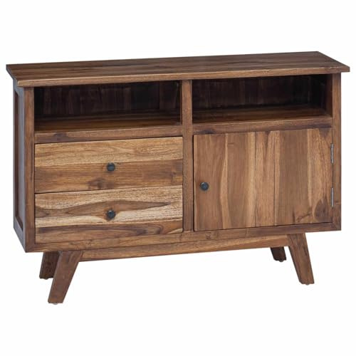 QJBSAVVA Sideboard Teak Massivholz Kommode Natur 100x30x68 cm Vintage Anrichte mit 2 Schubladen und 1 Holztür für Wohnzimmer und Esszimmer - Rustikaler Schrank aus Echtholz
