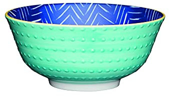 KitchenCraft Footed Zig-Zag/ Spotty-Patterned Ceramic Bowls, Ceramic, Blue/ Green, 15.5 x 15.5 x 7.5 cm
