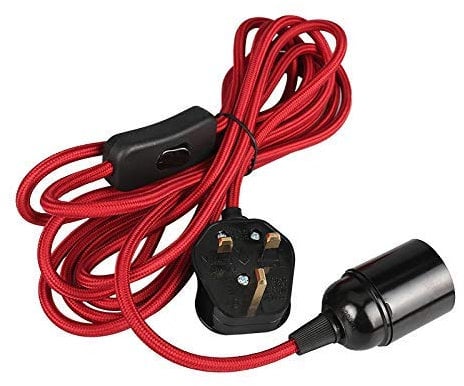 Wowsale Pendant Light Ceiling Lighting Fitting, E27 Lamp Holder Suspended Pendant Light Fitting Kit, 2 Core Gold Fabric Cable Plug with On/Off Switch- UK Plug (Red, 3m)