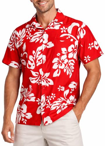 King Kameha Hawaiihemd Herren Kurzarm - Grünes Hawaii Hemd Männer Hibiskus - Hemd Herren Kurzarm Hawaii Outfit - Hawaiian Shirts for Men - Hibiskus, Ferrari Red, 3XL