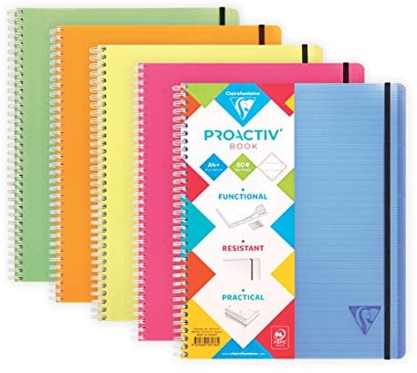 Clairefontaine 328176C - Heft Proactiv'Book DIN A4+ 22,5x29,7 cm, 80 Blatt, liniert mit Rand und Kopfleiste, 4-fach gelocht zur Ablage im Ringbuch / Ordner, Einband aus PP, farbig sortiert, 1 Stück
