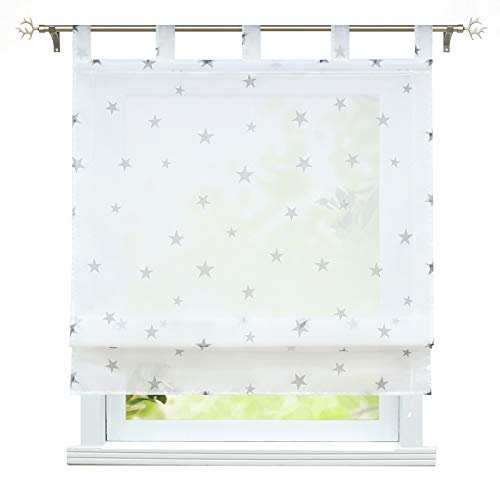 ESLIR Raffrollo mit Schlaufen Gardinen Küche Raffgardinen Voile Transparent Schlaufenrollo Modern Vorhänge mit Sterne Muster Grau BxH 100x140cm 1 Stück