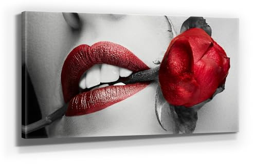BilderKing Wunderschöne Rote Lippen mit Rosen auf Leinwand, als 120x60cm großes XXL Leinwandbild. Wandbild als Hintergrund und Deko für Wohnzimmer & Schlafzimmer. Aufgespannt auf Holzrahmen