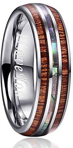 Phyonio Ringe Herren Gravur I Love You aus Wolfram Ringe fur Damen 6mm Gewölbt Ringe mit Abalone Muschel und Hawaiian Koa Holz Inlay Größe 62(19,7)