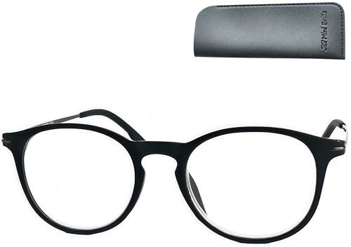 Moderne Nerd Anti Blaulicht Brille Lesebrille mit große Runde Gläsern, Gratis Etui, Kunststoff Rahmen (Schwarz) und Metall Bügeln, Blaulichtfilter Brille Damen und Herren 1.0 Dioptrien