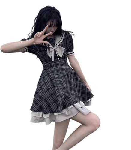 Mfacl Niedliche Lolita Kleid Rock Sommerkleider Japanisches weiches Mädchen Nette Puppe Kragen Bogen Slim Taille Plaid Kleid Spitze Prinzessin Kawaii Lolita Kleider Gothic Harajuku dunkel