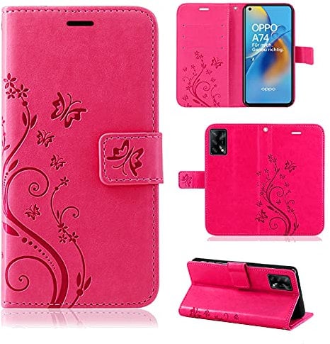 Hülle Kompatibel mit Oppo A74 / A74 4G | Premium PU Leder Handyhülle Wallet Case für A74 / A74 4G | Schutzhülle Blumen Klapphülle Handyhülle | Pink