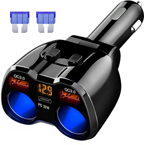 USB Car Charger AdapterCigarette Lighter Splitter 150W Power 2 Way Socket with QC3.0 and 20W PD Type C Car Charger Splitter 12V-24V and Switch for Car