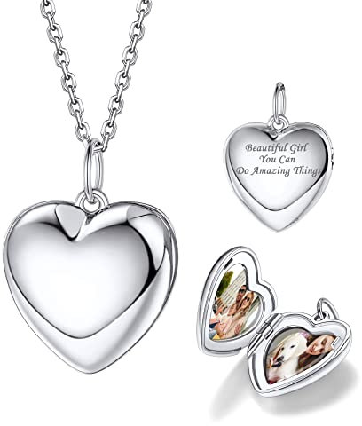 Bestyle Medaillon zum öffnen für Bilder 925 Sterling Silber Herzkette mit Gravur Personalisierte Geschenke für Weihnachten Geburtstage, Weißgold, 45cm Länge