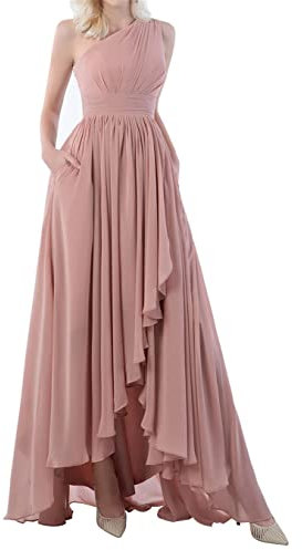 Robe de demoiselle d'honneur asymétrique avec poches pour femme, vieux rose, 44