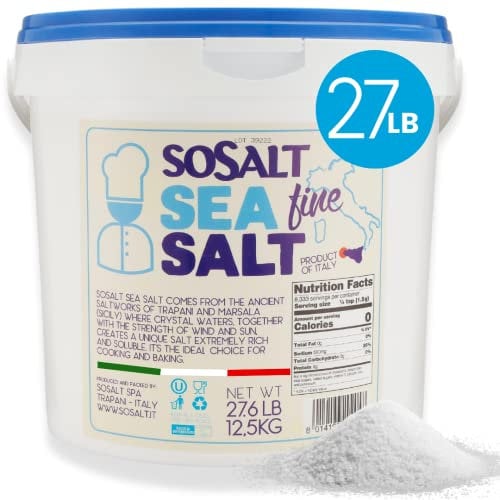 Fine Natural Sea Salt, 27.56 lbs (12.5 kg) SoSalt, Sicilian, Mediterranean, Bulk, Foodservice Bucket, Grinder Refill Canning, Pickling, Cooking, Grilling, Asado, Parilla, Steak, Trapani, Mediterranean