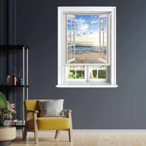 Lister Cartwright Blackout Roller Blinds Polyester Window Beach View Scenic Windows Blind Easy Fit Child Safety Included(Cream, 60 cm Width x 140 cm Drop)