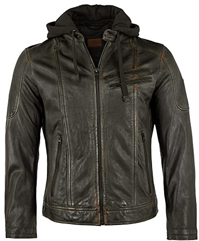Redpoint - Herren Echtleder Lederjacke Kapuze Lammnappa schwarz-orange Größe 60