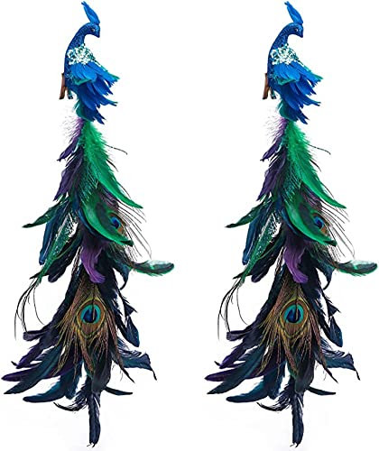19'' Blauer Pfau Weihnachtsschmuck mit Clip, Geschlossener Schwanzfedervogel mit Glitzer, Deko-Set für Weihnachtsbaum (2Pcs)