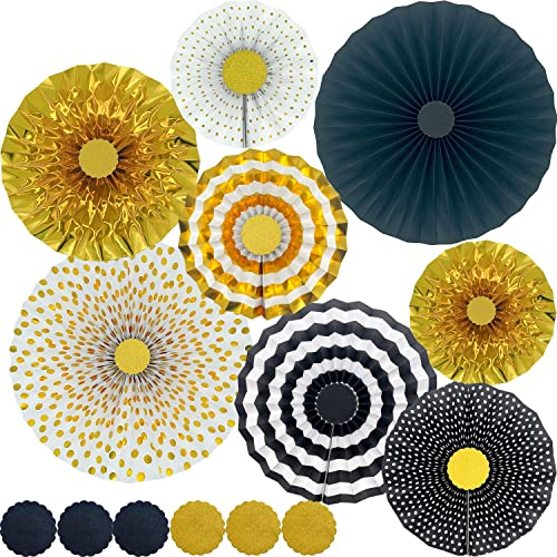 Papier Fächer Set Schwarz und Gold Hängen Papierfächer für Hochzeitsdeko Geburtstagsdekorationen Rosetten Dekoration Party Dekorpapier Kit für Hochzeit, Karneval, Feier und Parteien Hauptdekorationen