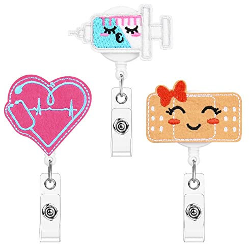 OFFCUP Carrete de Insignia de Enfermera Retráctil, 3pcs Clip Carrete Insignia, Carrete de la Insignia, Llavero Retráctil, Tirita/Jeringa/Amor, para Médico, Enfermera