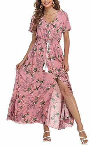 VOGMATE Boho Kleid Damen Lange V-Ausschnitt Kurzarm Blumen Maxikleider Damen Sommer Strandkleid Sommerkleid Herbstkleid Partykleid Blumenkleid Elegant mit Schlitz,XL