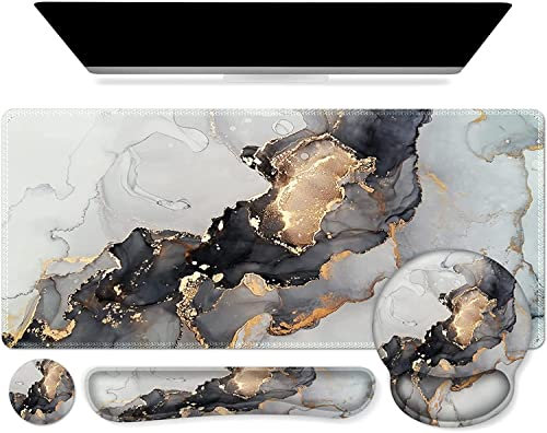 iCasso Mauspad-Set, Gaming-Mauspad mit Handgelenkstütze, großes 4-in-1-Mauspad + Tastatur-Handballenauflage + Maus-Handballenauflage + Untersetzer mit ergonomischem Design für das Office (Grey Marble)