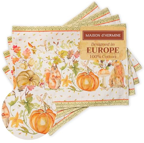 Maison d' Hermine Placemats Set of 4 Reusable 100% Cotton (33 CM x 48 CM) | Cloth Place Mats Washable Table Mats for Kitchen Dining Party Wedding Hotel Home Thanksgiving Christmas - Pumpkin Passion