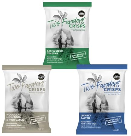 Two Farmers Crisps, Vegan Mixed Selection Box - Lightly Salted, Salt & Cider Vinegar, Woodland Mushroom & Wild Garlic, Gluten Free, 100% Compostable Bags, 24 x 40g