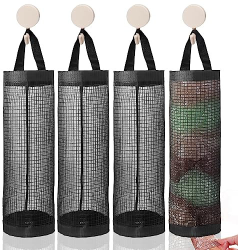 Deepton 4 Pcs Plastic Bag Holder, Carrier Bag Storage with 4 Pcs Sticky Hooks, Sturdy Carrier Bag Holder, Plastic Bag Storage for Home Kitchen Laundry Bathroom Coat Cupboard (Black)