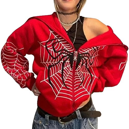 YINGKE Donna Flepa con Cappuccio Zip Modello di Stampa a Ragnatela Sovradimensionata Oversized Y2K Hoodie Giacca Gotica(XL,Rosso)